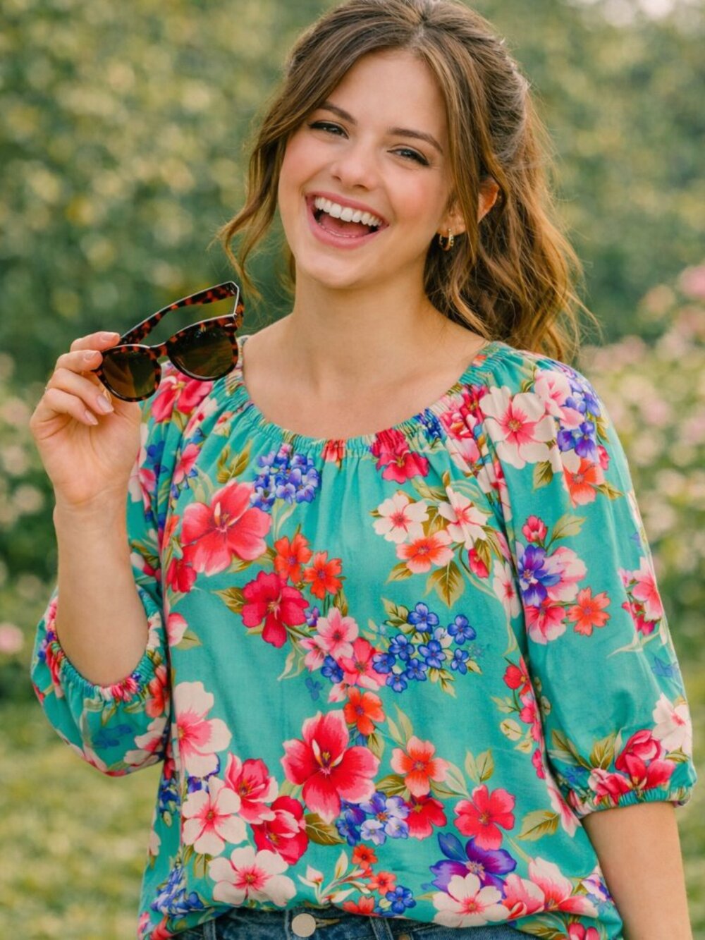 Large Print Floral Sheer Elasticized Neck Waistband Tropical Green Pink Blouse